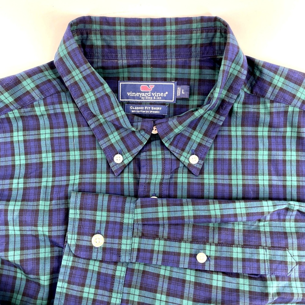 Vineyard Vines Classic Fit Tartan Plaid Button Down Shirt‎ Men's L Green Blue